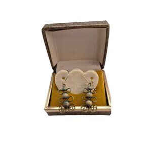 Vintage Brass & Wood Beaded Dangle Earrings In Gift Box